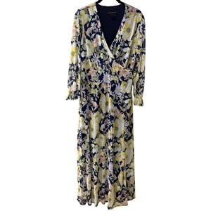 Stella & Julie Navy Floral Mesh Faux Wrap Maxi Dress Yellow Ruffle Size 14W